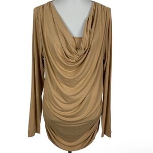 CAbi Women's Size L Ruched Tan Bodycon Stretch Cowl Neck Long Sleeve